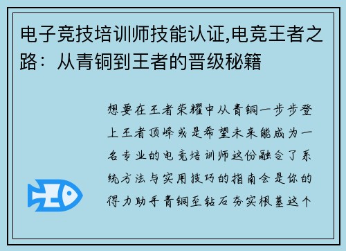 电子竞技培训师技能认证,电竞王者之路：从青铜到王者的晋级秘籍